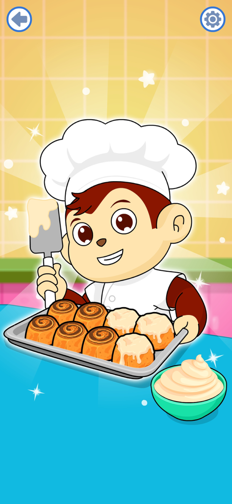 Donut Maker Games for Kids 4-5 - Cartoon boy chef holding a tray of baked cinnamon rolls in a kids cooking game