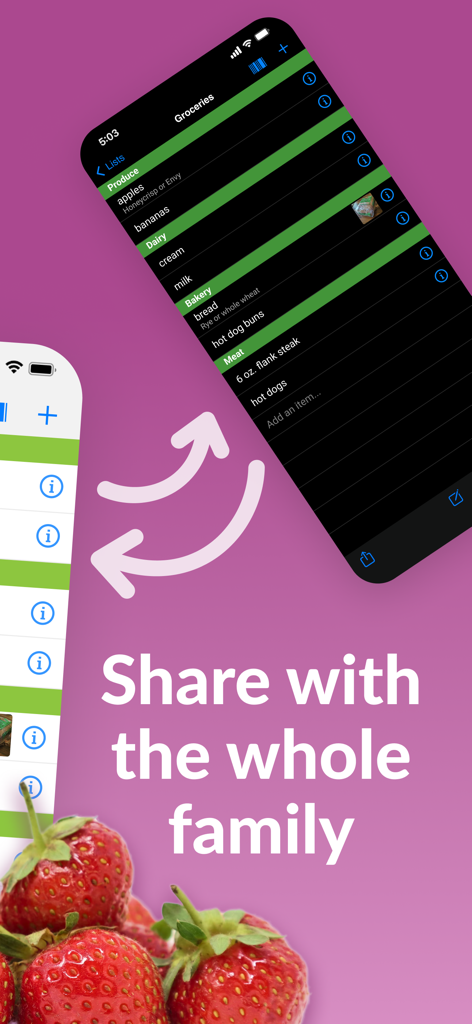 Our Groceries app interface showing a shared family shopping list with items organized by category