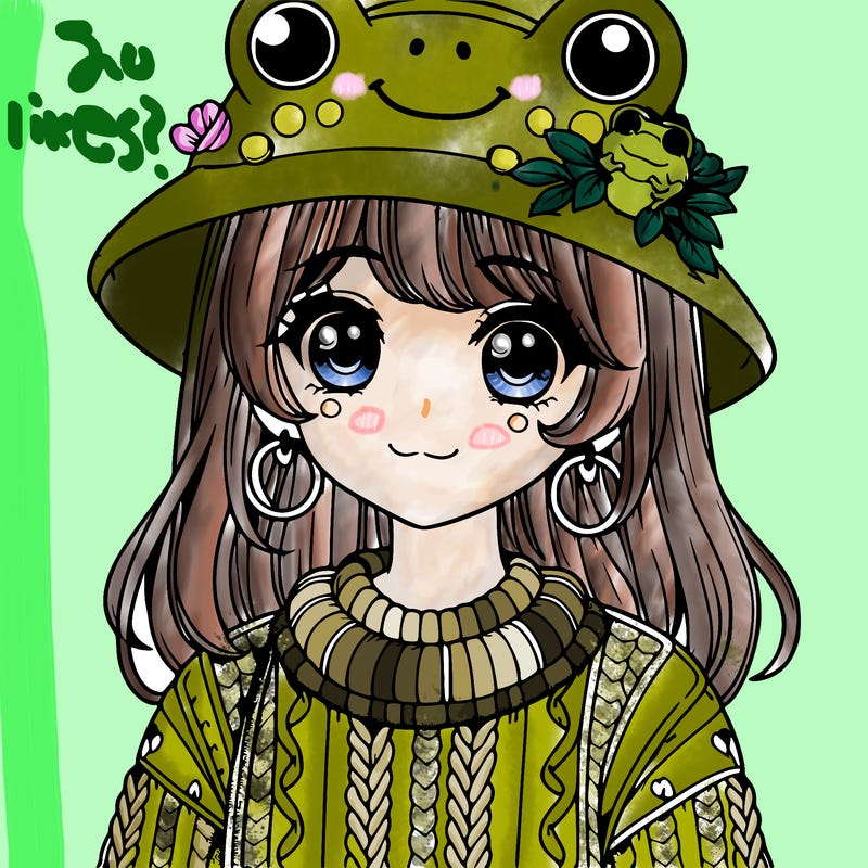 realistic girl wearing frog sweater and a frog hat with frog earrings