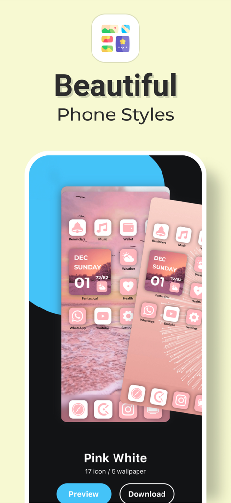 Color Widgets - Wallpapers - Pantalla de inicio de iPhone con un tema estético rosa y blanco, que incluye íconos personalizados y un widget de calendario