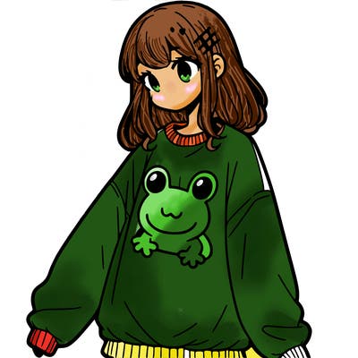 girl wearing frogging sweatshirt