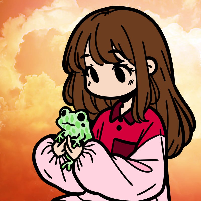 girl with long hair and a oversized shirt. and she is holding a frog