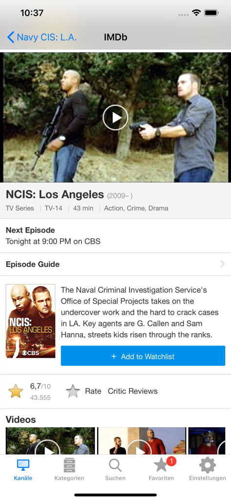 Interface of the German TV app showing details and broadcast schedule for NCIS Los Angeles