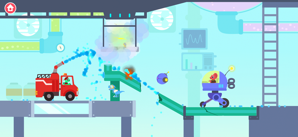 A dinosaur firefighter spraying water through pipes to solve a physics puzzle in a factory level