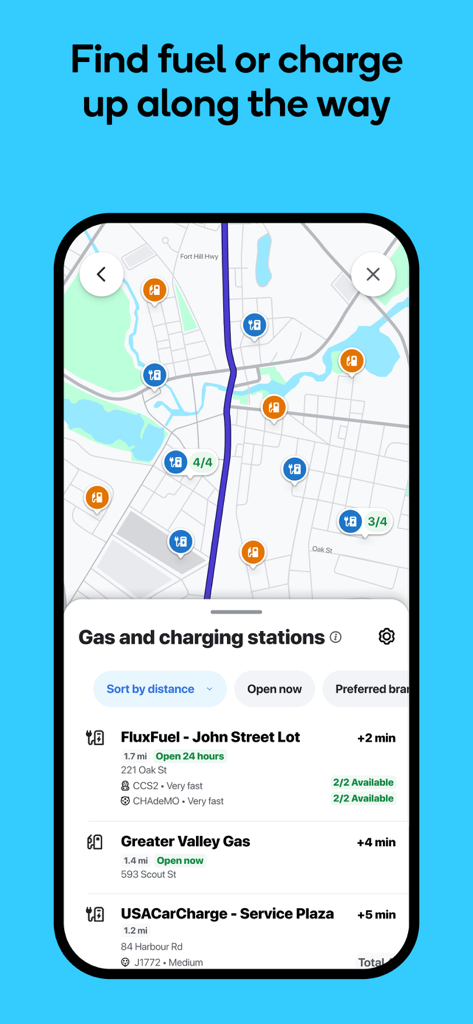 Waze map showing gas and EV charging stations along a driving route