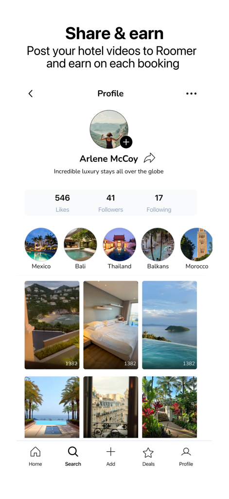 User profile in the Roomer app showing travel videos and the Share and Earn feature