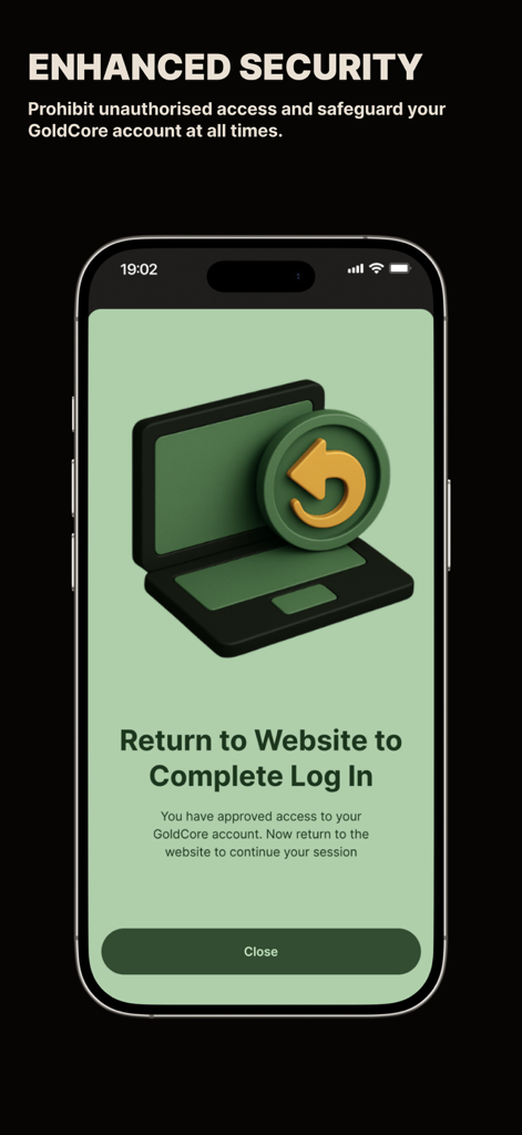 Pantalla de seguridad mejorada de la aplicación GoldCore que muestra un mensaje de aprobación de inicio de sesión exitoso para acceder al sitio web