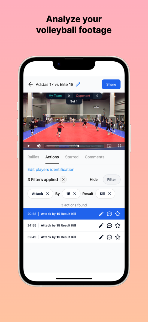 Balltime AI - Mobile interface of Balltime AI app showing a volleyball match video with an automated list of player actions and stats.