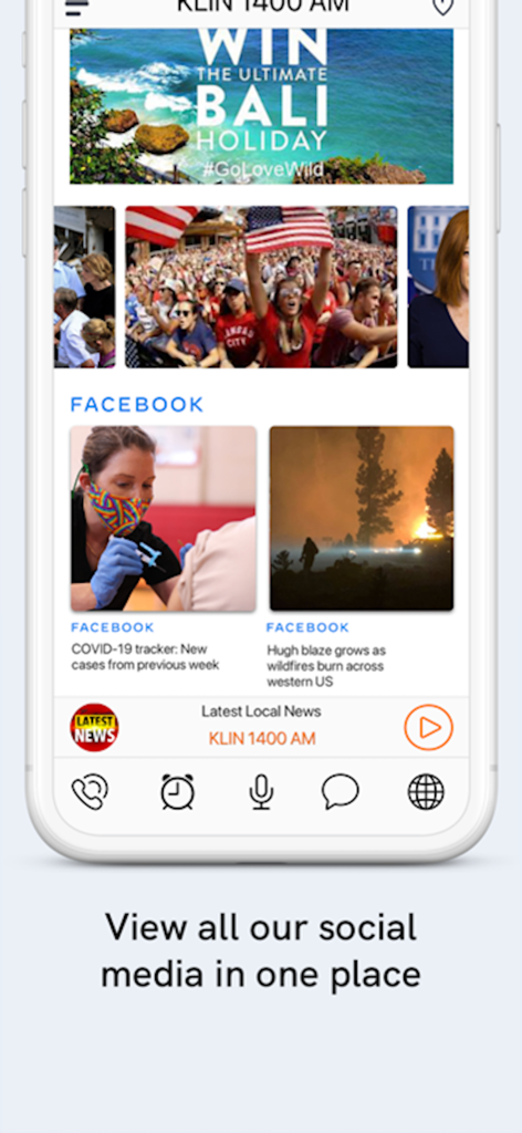 KLIN 1400 AM - KLIN 1400 AM Radio-App Social-Media-Integrationsbildschirm mit Facebook-Nachrichtenbeiträgen