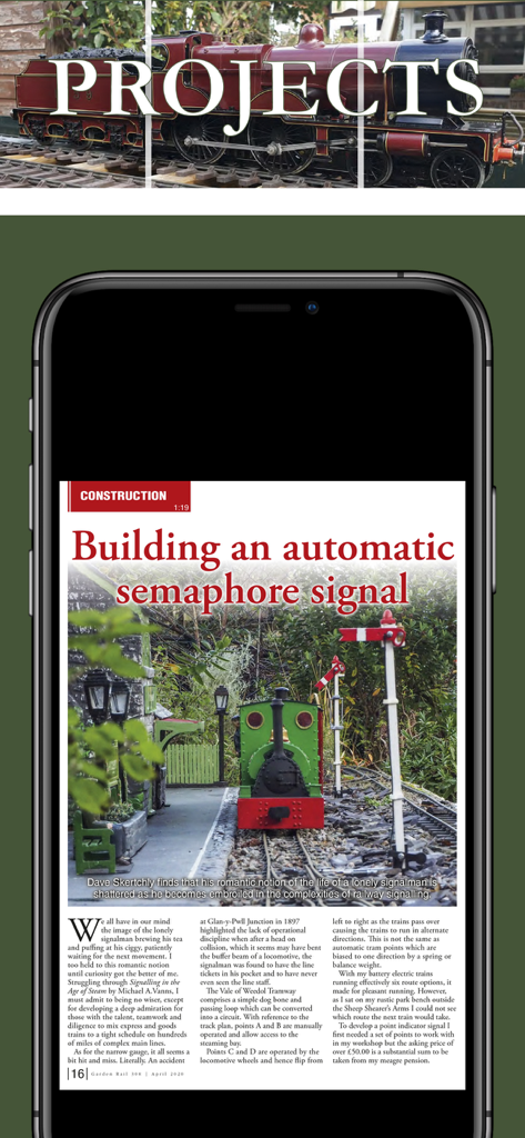 Smartphone screen showing an article on building an automatic semaphore signal for outdoor model railways