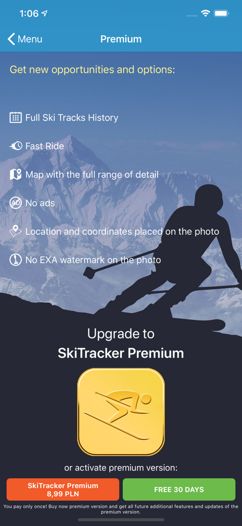 EXA Ski Tracker - Premium upgrade screen for EXA Ski Tracker showing features like full history and ad-free experience