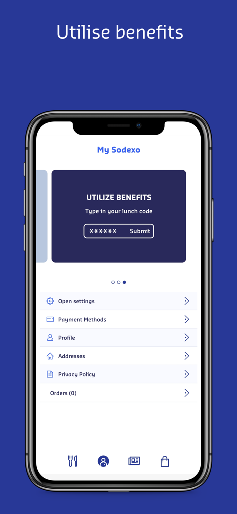Écran de l'application MySodexo pour entrer les codes déjeuner et gérer les paramètres utilisateur