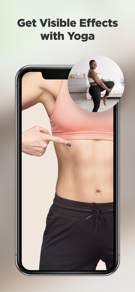 YogaMe｜Yoga for beginners. - Smartphone screen showing a woman with toned abs and the text Get Visible Effects with Yoga