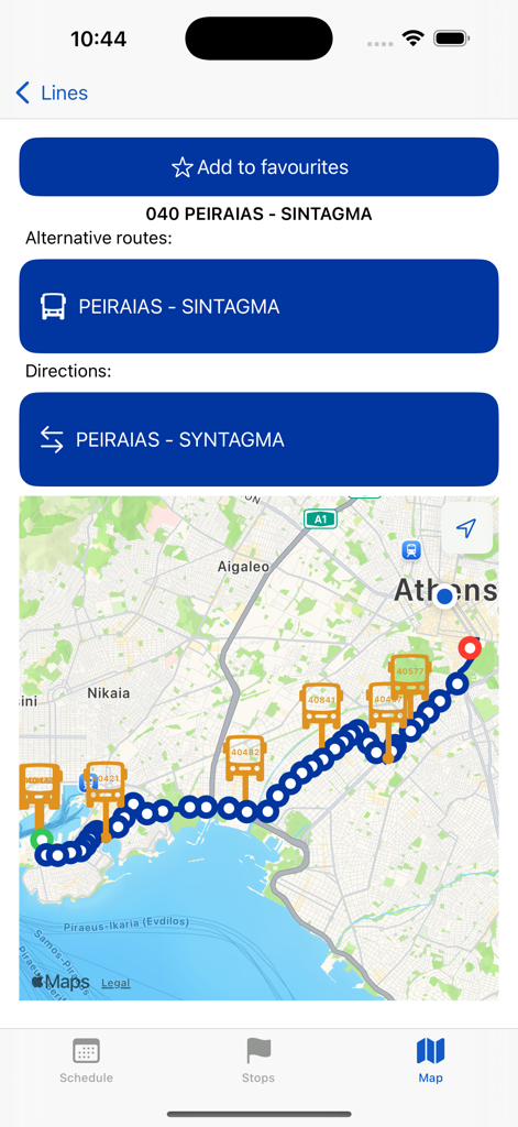 Real-time map display of the 040 bus route between Piraeus and Syntagma in the OASA app.