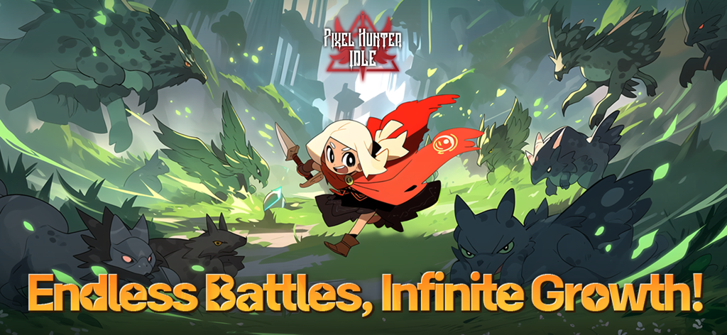 Pixel Hunter Idle: Retro RPG - Pixel Hunter Idle game illustration featuring a hero in a red cape surrounded by forest monsters