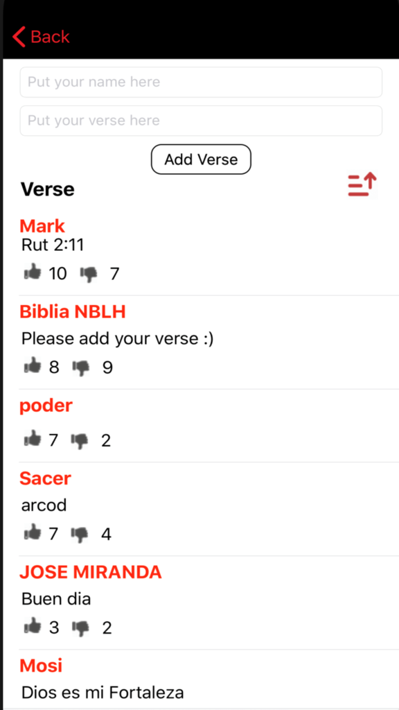 Nueva Biblia Latinoamericana - A community screen in the Nueva Biblia Latinoamericana app where users share verses and interact with likes and dislikes.