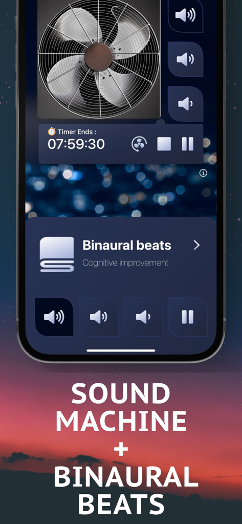 Sleep Fan app interface showing a fan sound machine and binaural beats for cognitive improvement