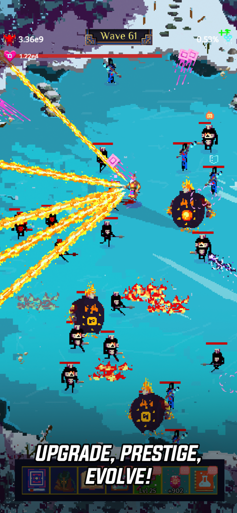 Tap Wizard 2: Idle Magic Game - A pixel art wizard casting fire spells at a horde of enemies in Tap Wizard 2 gameplay