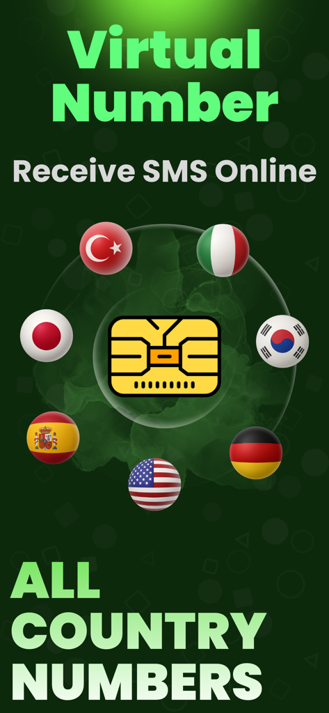 Tela do aplicativo de número virtual mostrando bandeiras internacionais e um ícone de chip para receber SMS online.