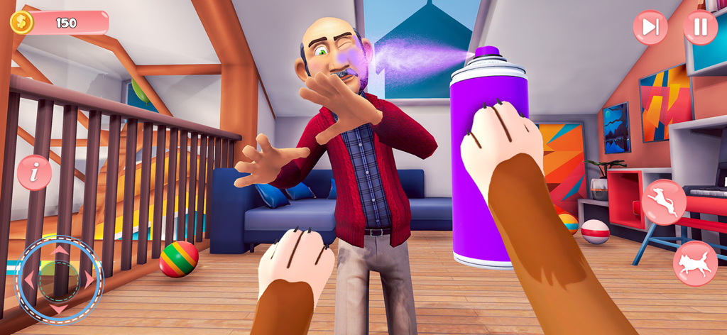Un cachorro virtual rociando a un hombre con pintura morada en Mi Simulador de Perros: Juego de Cachorros