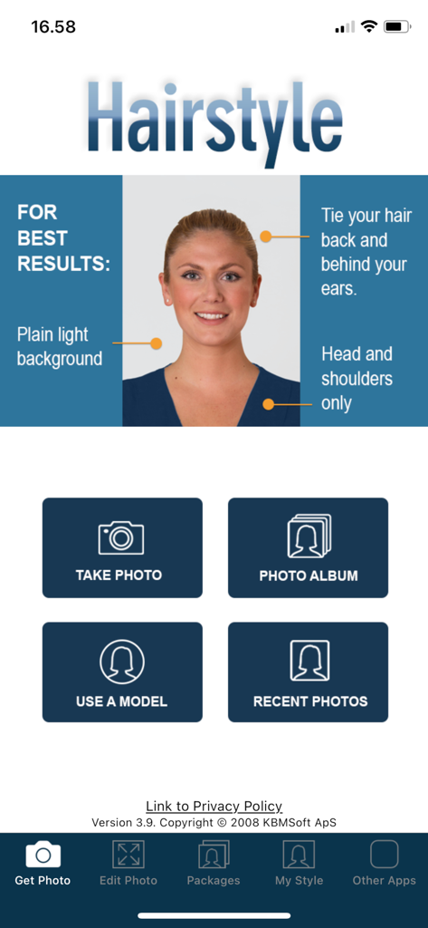 Main screen of the Hairstyle Try On app featuring photo upload instructions and selection buttons for photo sources