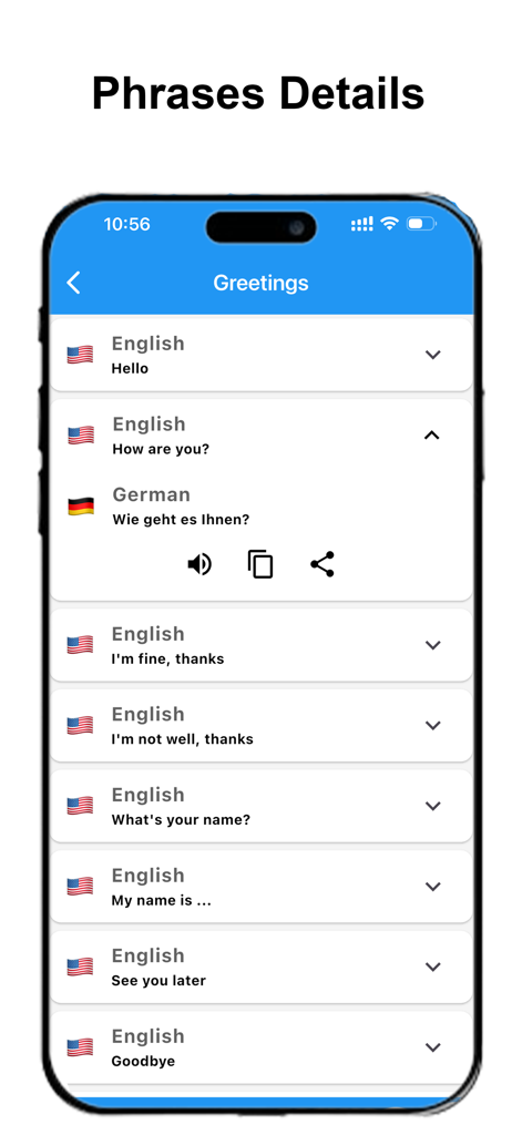Correct Spelling-Spell Checker - A mobile app screen displaying common greeting phrases in English and German