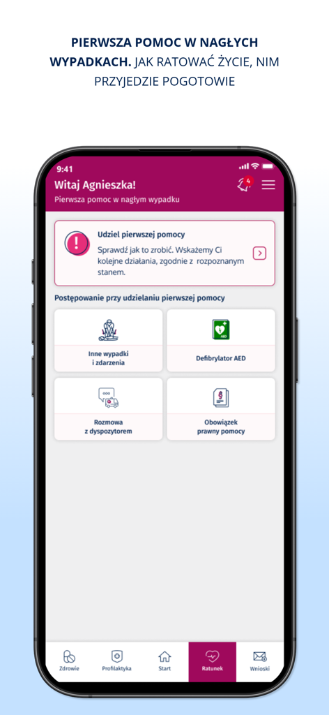 mojeIKP - log in to health - The first aid and rescue section of the mojeIKP app showing emergency instructions and AED locations
