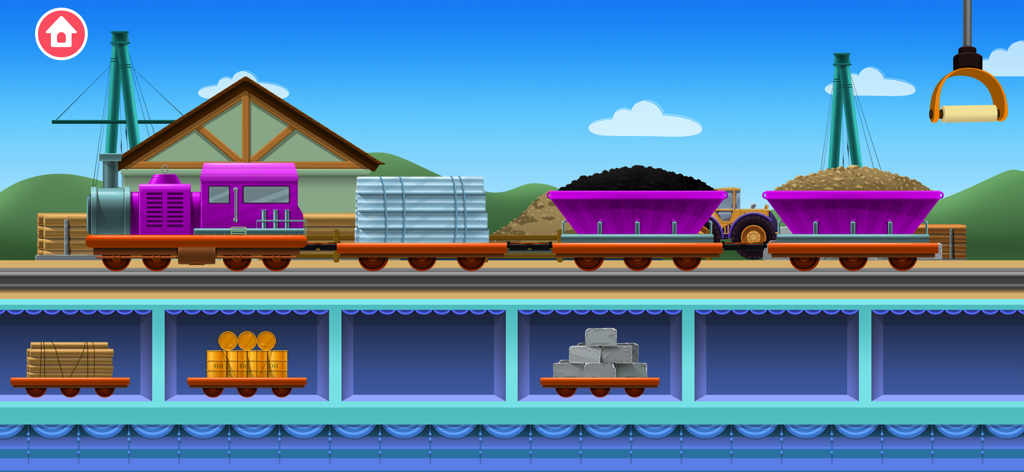 Train Builder Games for kids - 子供向け知育ゲームで、さまざまな貨物車両と組み立てられる紫色のおもちゃの電車。