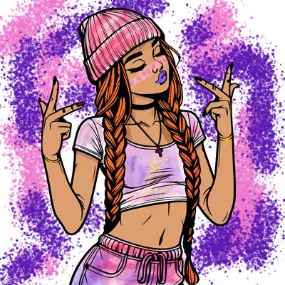 realistic teenage girl with braids and a beanie and crop top doing 🫶🏼