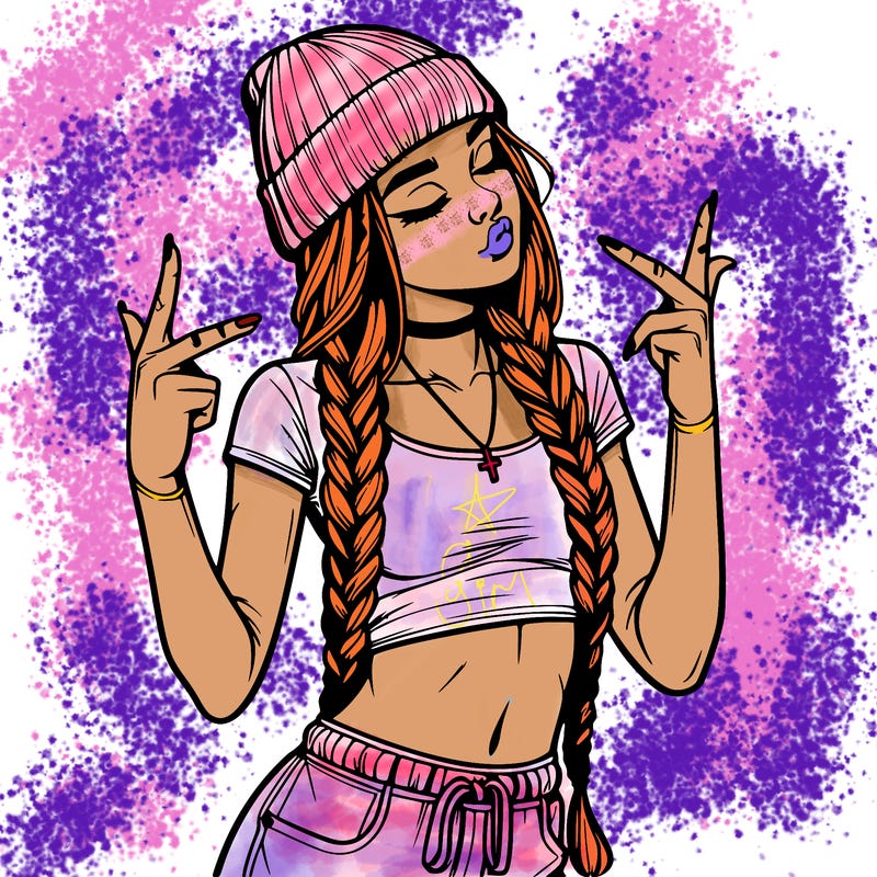 realistic teenage girl with braids and a beanie and crop top doing 🫶🏼