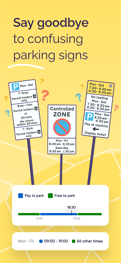 AppyParking+ Plan, Park & Pay - AppyParking plus interface showing how complex UK parking signs are simplified into clear color coded pay and free zones