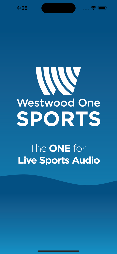 Westwood One Sports app splash screen featuring the logo and slogan The ONE for Live Sports Audio