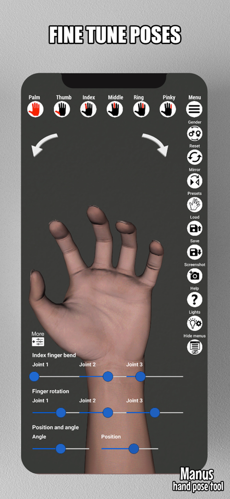 Interface of the Manus app showing a 3D hand model with adjustment sliders for fine-tuning finger poses and joint angles.