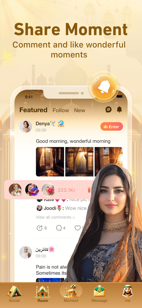 YouStar-Group Voice Chat Room - Une interface d'application mobile intitulée Partager un Moment montrant un fil d'actualité social avec des photos et des commentaires d'utilisateurs dans un design à thème culturel