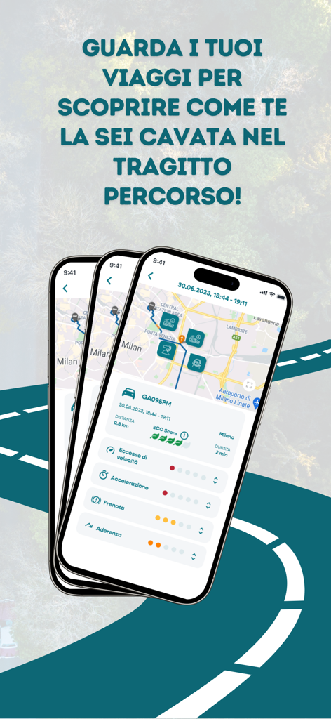Interface do aplicativo móvel Drive Connexa mostrando um mapa de viagem e pontuações detalhadas de condução para segurança e comportamento ecológico