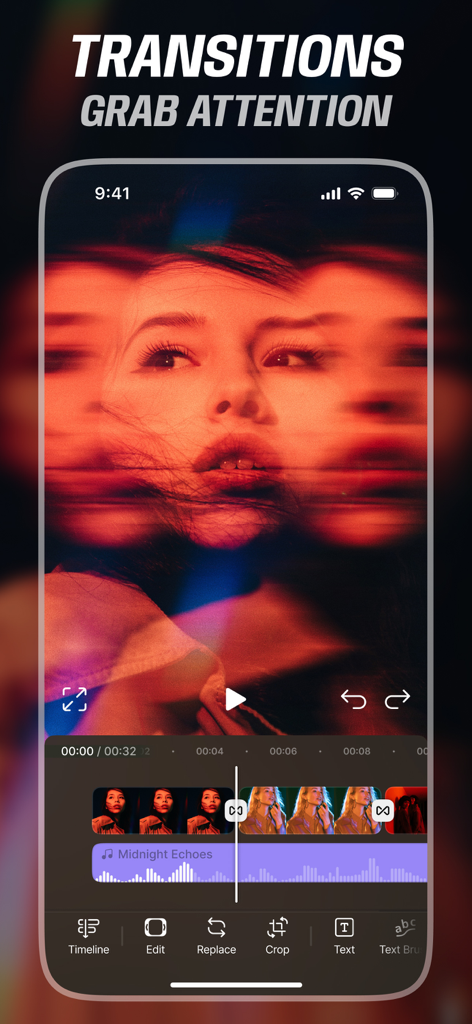 Vistory: Reels Video Editor - Mobile app interface of Vistory showing a creative video transition effect on a portrait clip.