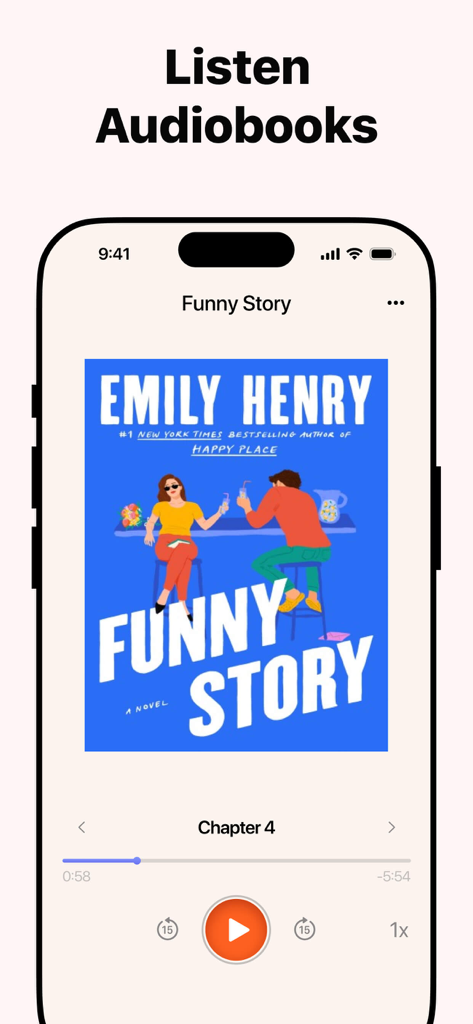 Uma tela de iPhone exibindo a interface do reprodutor de audiolivros para o livro Funny Story de Emily Henry dentro do aplicativo ePub Reader.