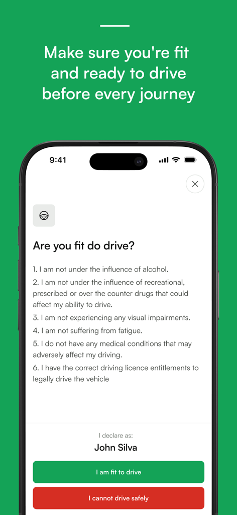 Quartix Check - Pantalla de aplicación móvil que muestra una declaración de aptitud para conducir para conductores de flotas
