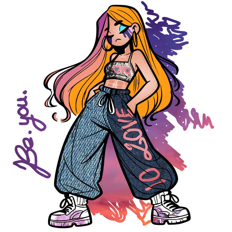 girl in baggy pants crop top and long hair