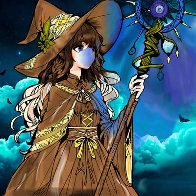 a realistic fantasy manga witch with a staff