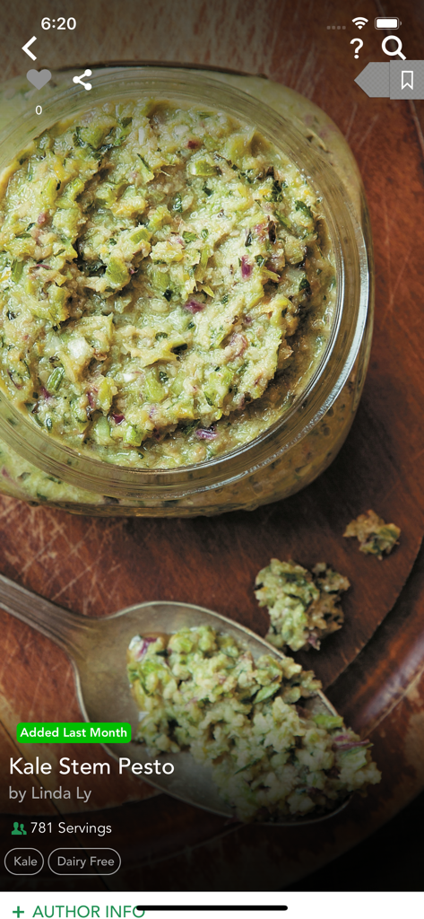 Food Monster - Vegan Recipes - Receita de pesto de talo de couve com fotografia de comida em close no aplicativo Food Monster