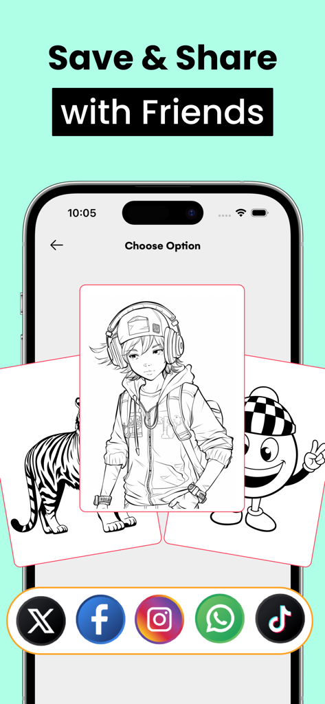 AR Drawing Sketch Paint; Trace - Interfaz de la aplicación mostrando opciones para guardar y compartir bocetos en plataformas de redes sociales como Instagram y TikTok