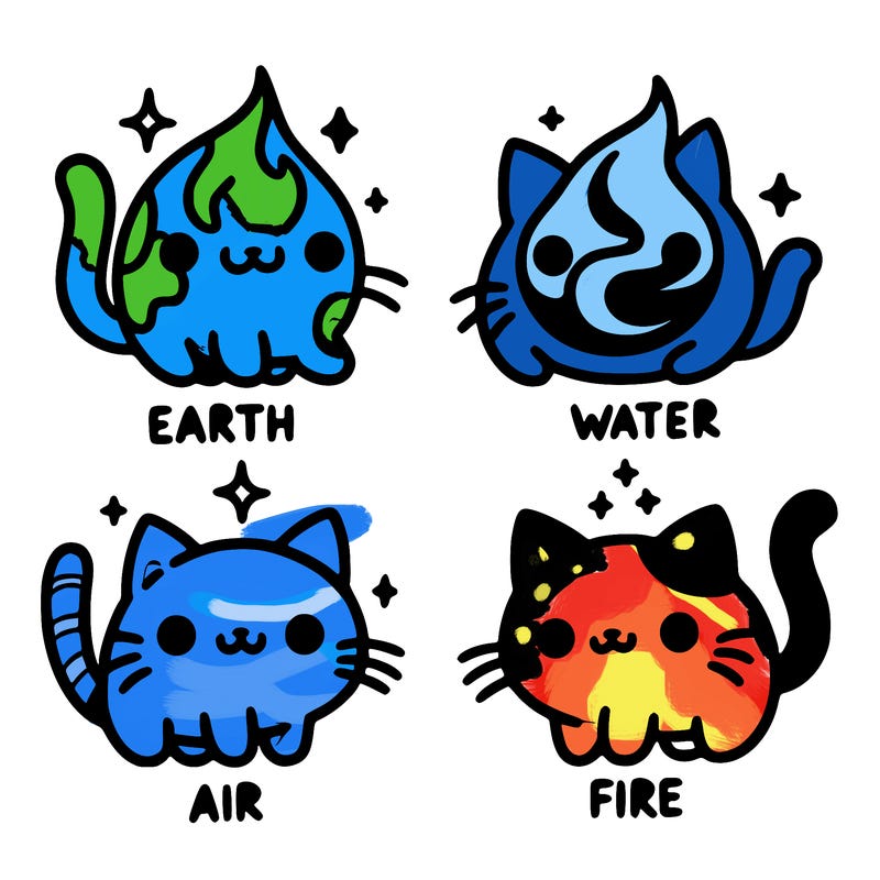 4 cats that represent the different elements, earth, water, air, and fire