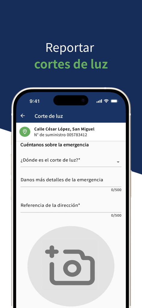 Pluz - Pluz mobile app interface for reporting a power outage emergency in Peru