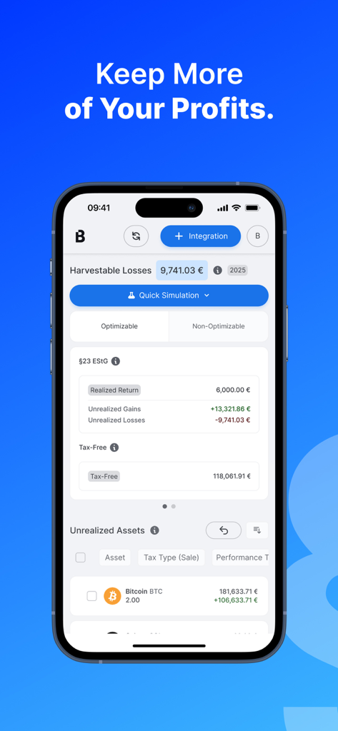Blockpit: Taxes & Portfolio - Dashboard dell'app mobile Blockpit che mostra le perdite recuperabili di criptovalute e l'ottimizzazione fiscale del portfolio