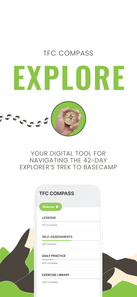 Pantalla de exploración de la aplicación TFC Compass titulada Explorar, que presenta una mano sosteniendo una brújula y categorías de lecciones.