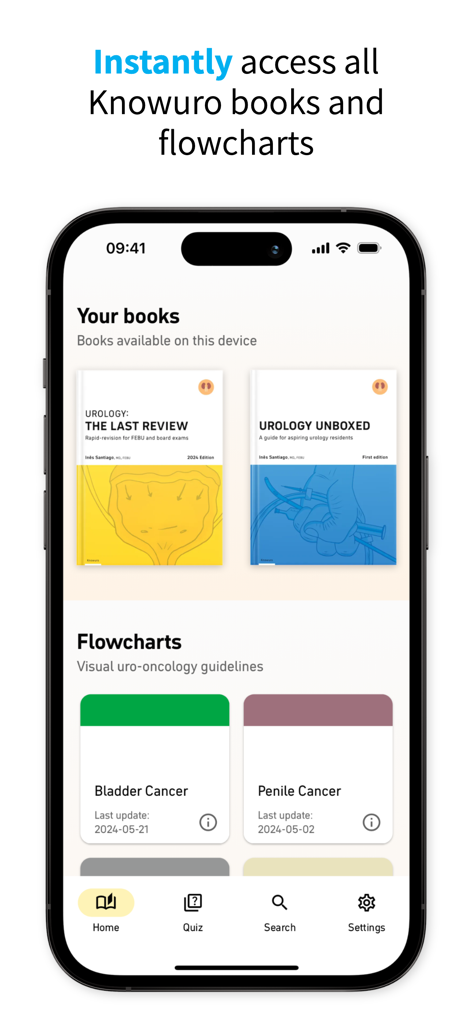 Knowuro reader - Knowuro reader app interface displaying urology textbooks and clinical flowcharts.