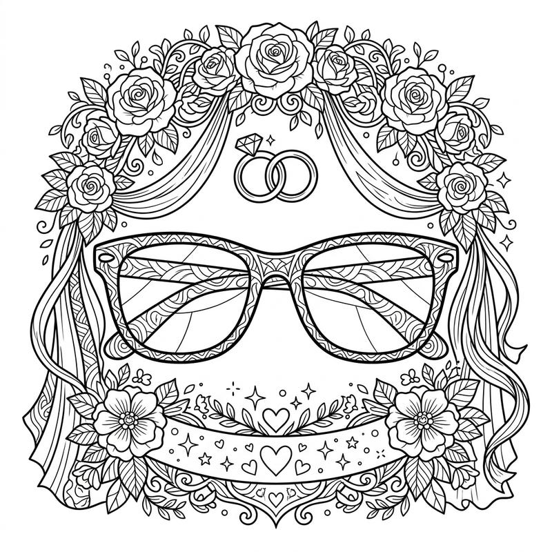Dive into a unique celebration of love with this elegant coloring page featuring a stylish pair of sunglasses amidst romantic wedding elements. It's the perfect artistic escape for anyone looking to blend fashion with matrimonial joy.