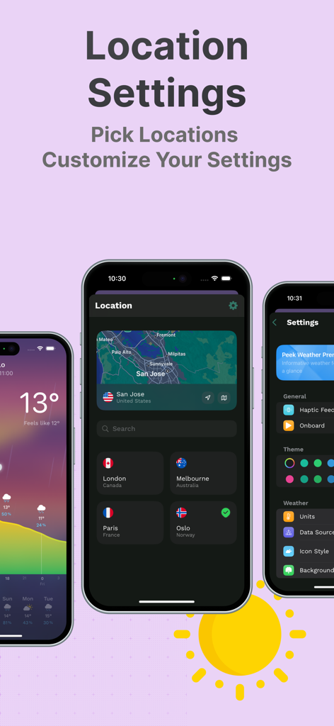 Peek Weather - Rain Forecast - iPhone에서 위치 선택 및 사용자 지정 설정을 보여주는 Peek Weather 앱 화면