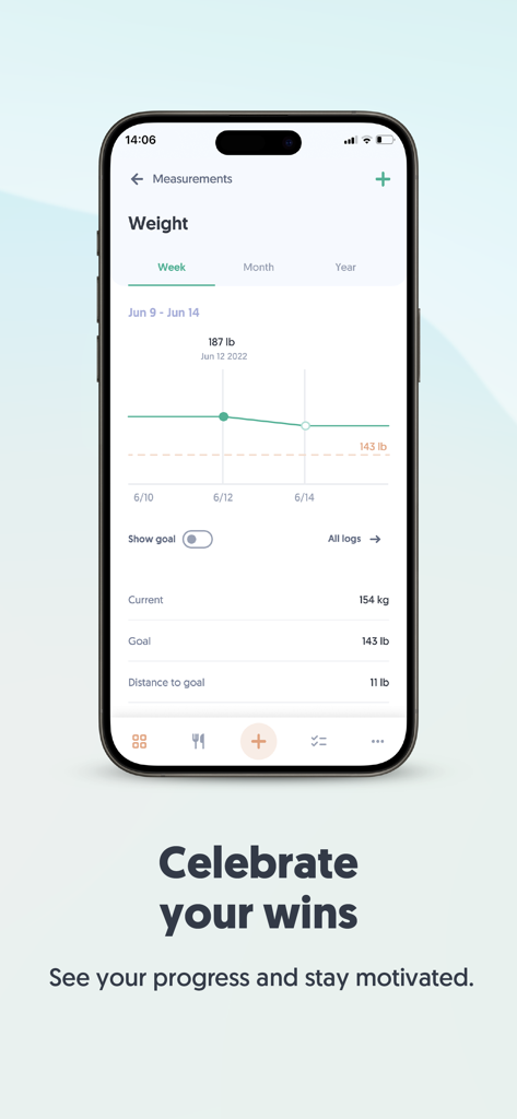 Nutrium app screenshot showing a weight measurement chart with progress tracking and weight loss goals.